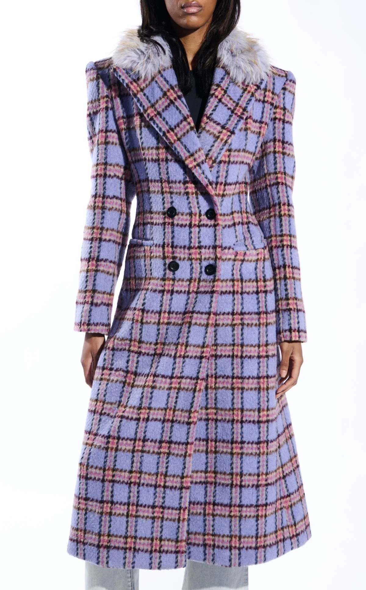 ALYSSA-LAVENDER FAUX FUR PLAID COAT - Image 3