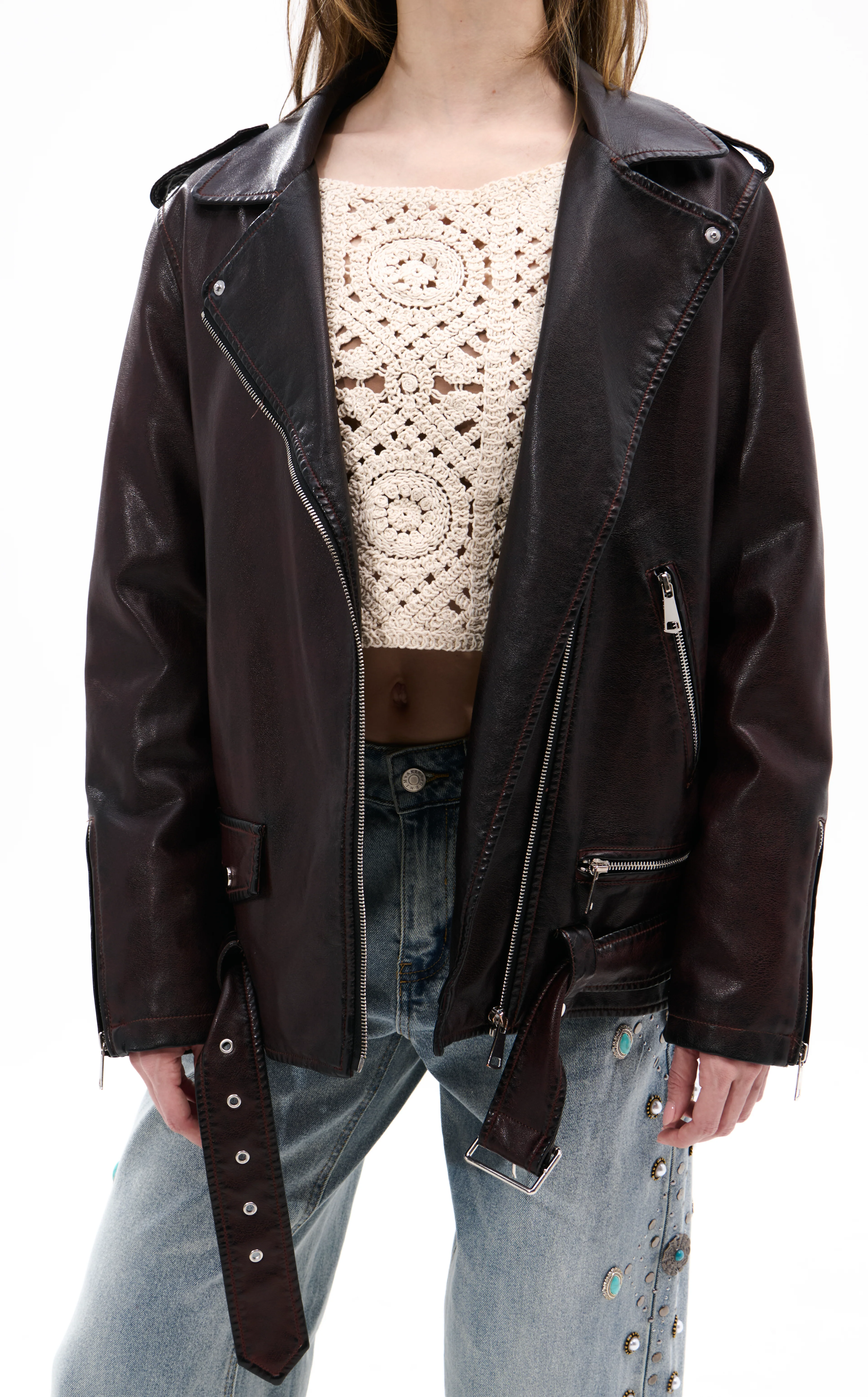 AURELIA-BURGUNDY FAUX FUR MOTO JACKET - Image 3