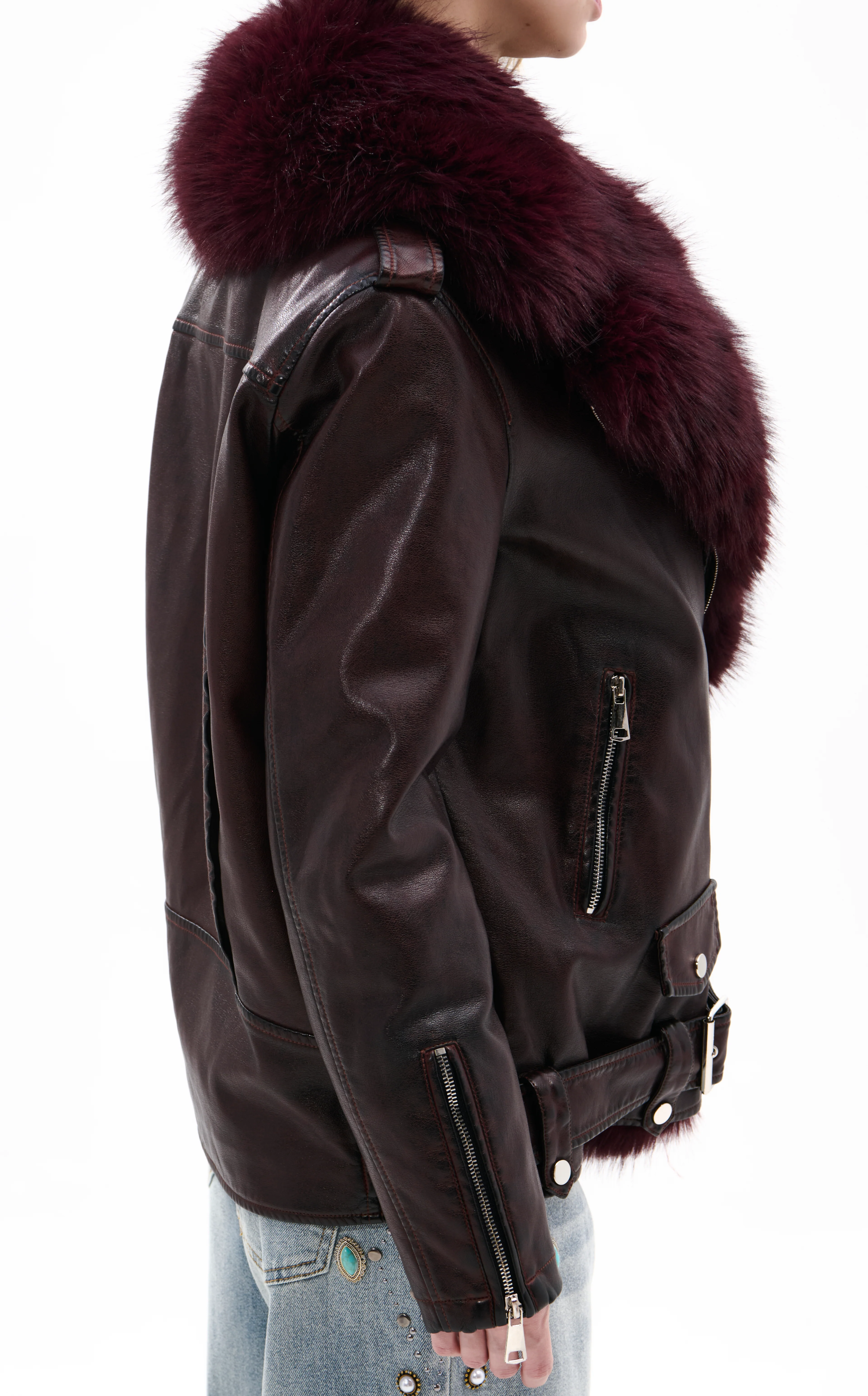 AURELIA-BURGUNDY FAUX FUR MOTO JACKET - Image 4