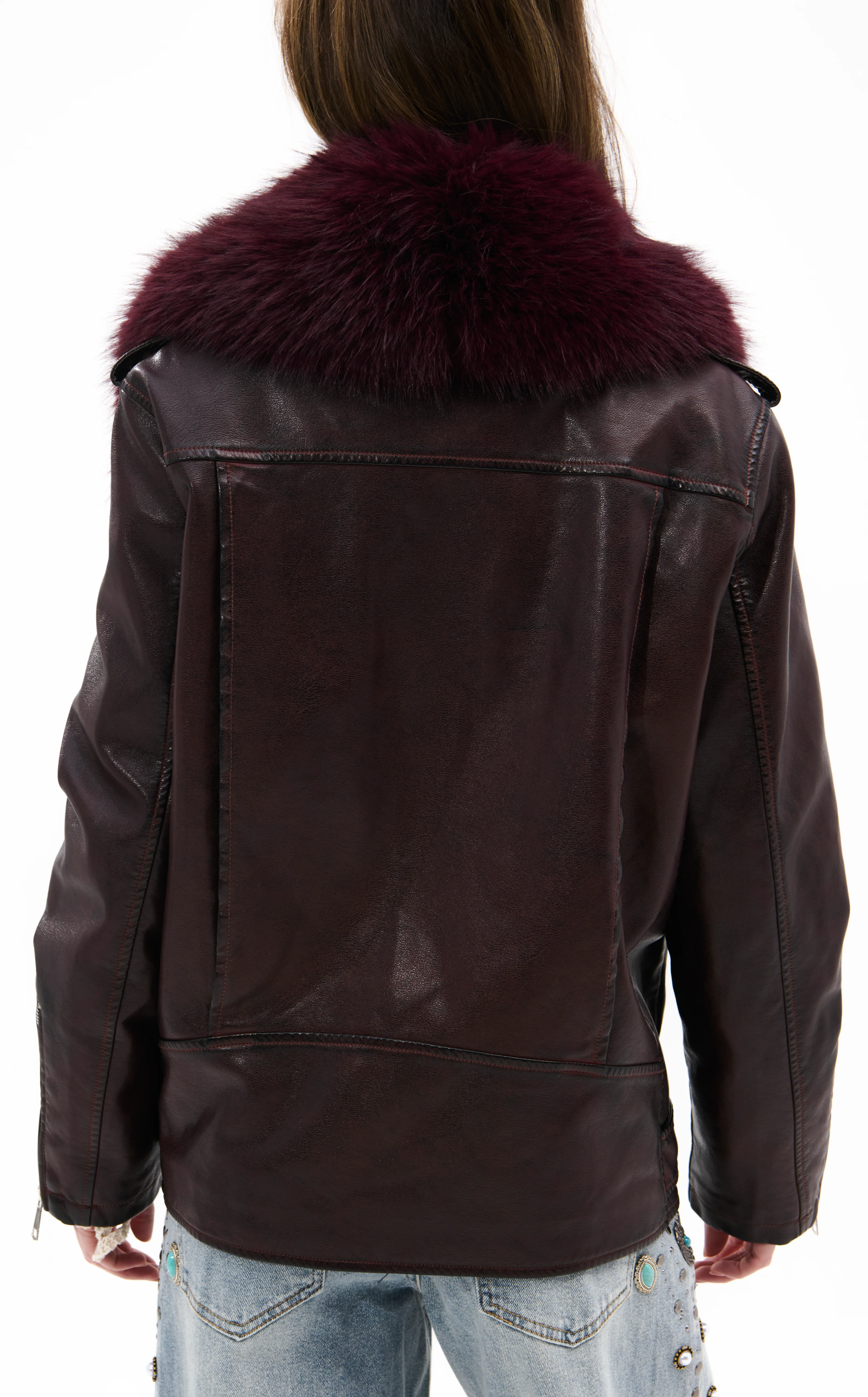 AURELIA-BURGUNDY FAUX FUR MOTO JACKET - Image 6