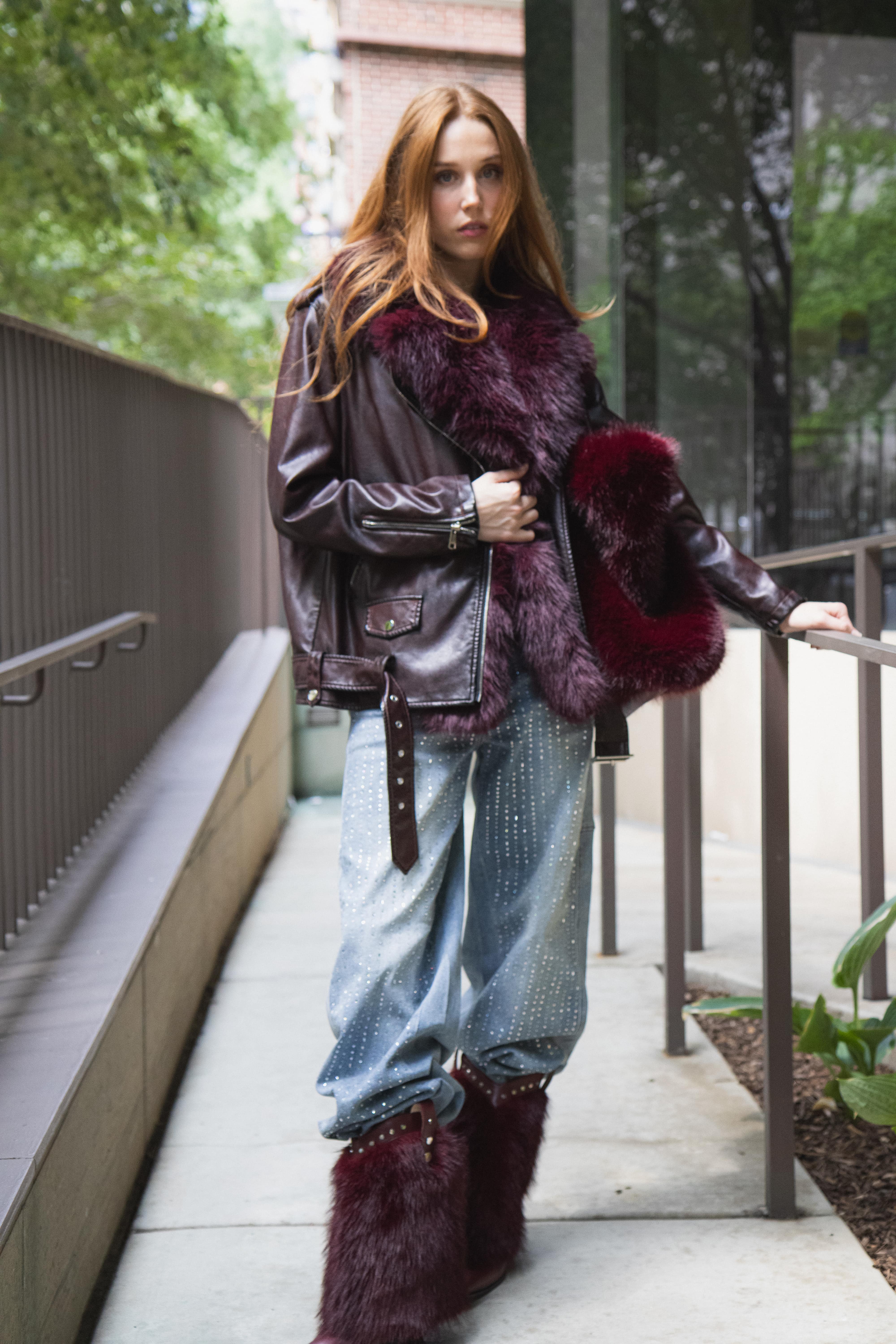 AURELIA-BURGUNDY FAUX FUR MOTO JACKET - Image 7
