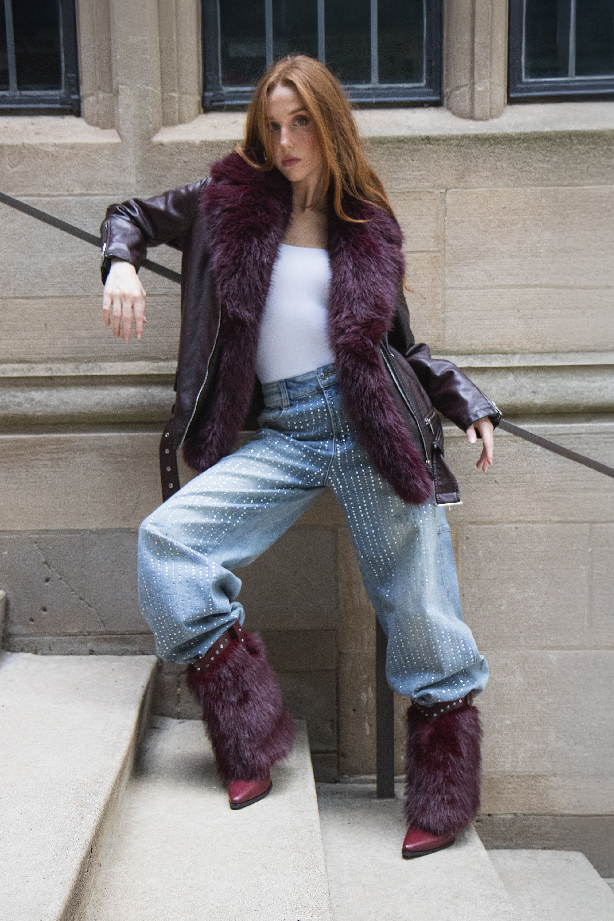 AURELIA-BURGUNDY FAUX FUR MOTO JACKET - Image 8