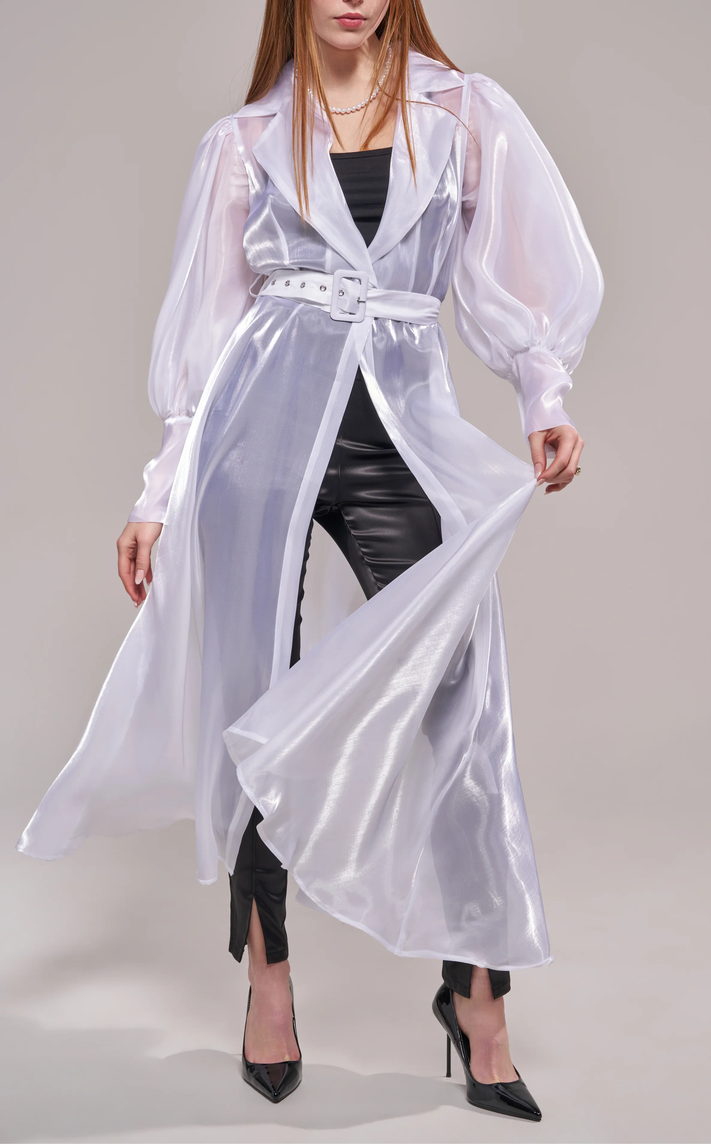 CASSARA-WHITE SHEER TRENCH JACKET