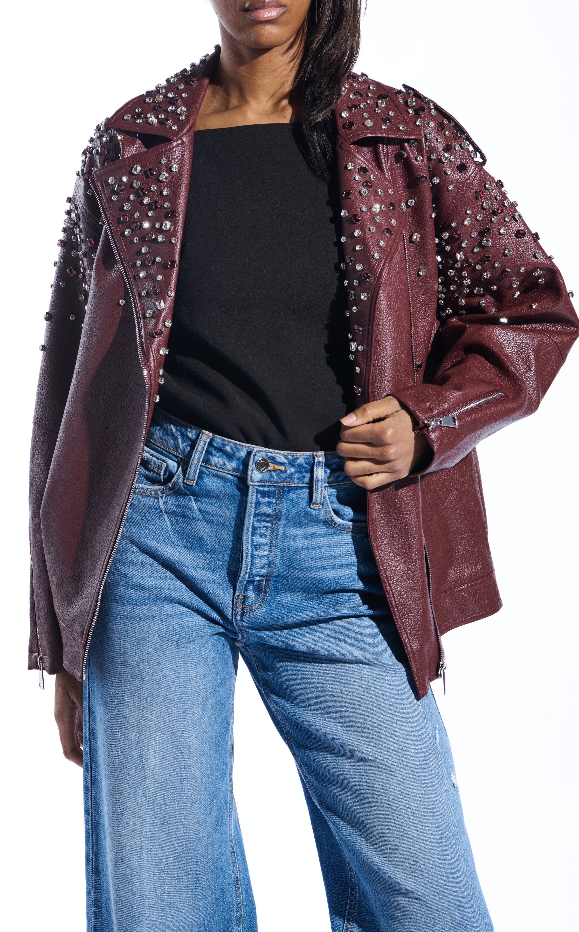 CATRINE-BURGUNDY RHINESTONE OVERSIZED MOTO JACKET