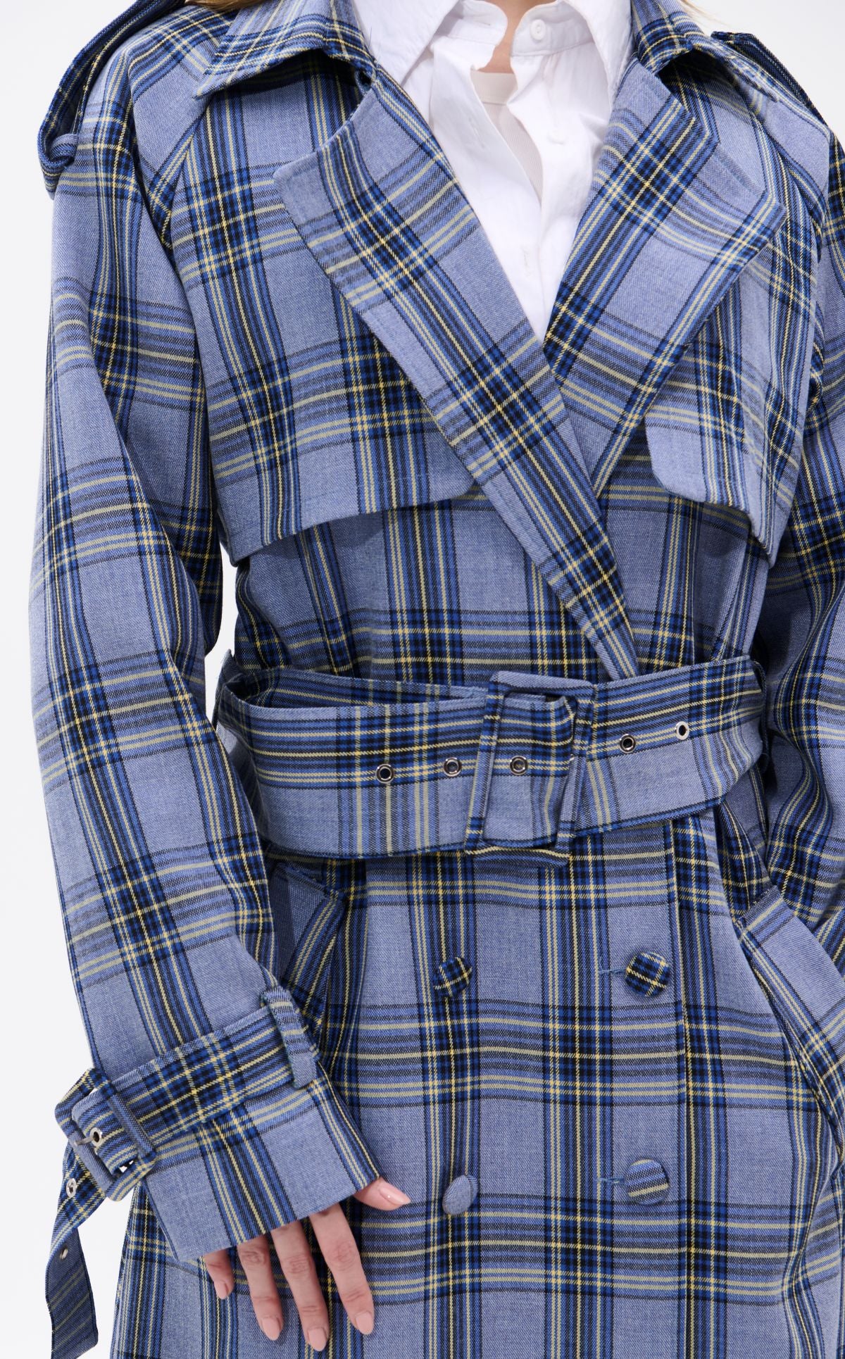 HOBBS-BLUE PLAID TRENCH JACKET - Image 4