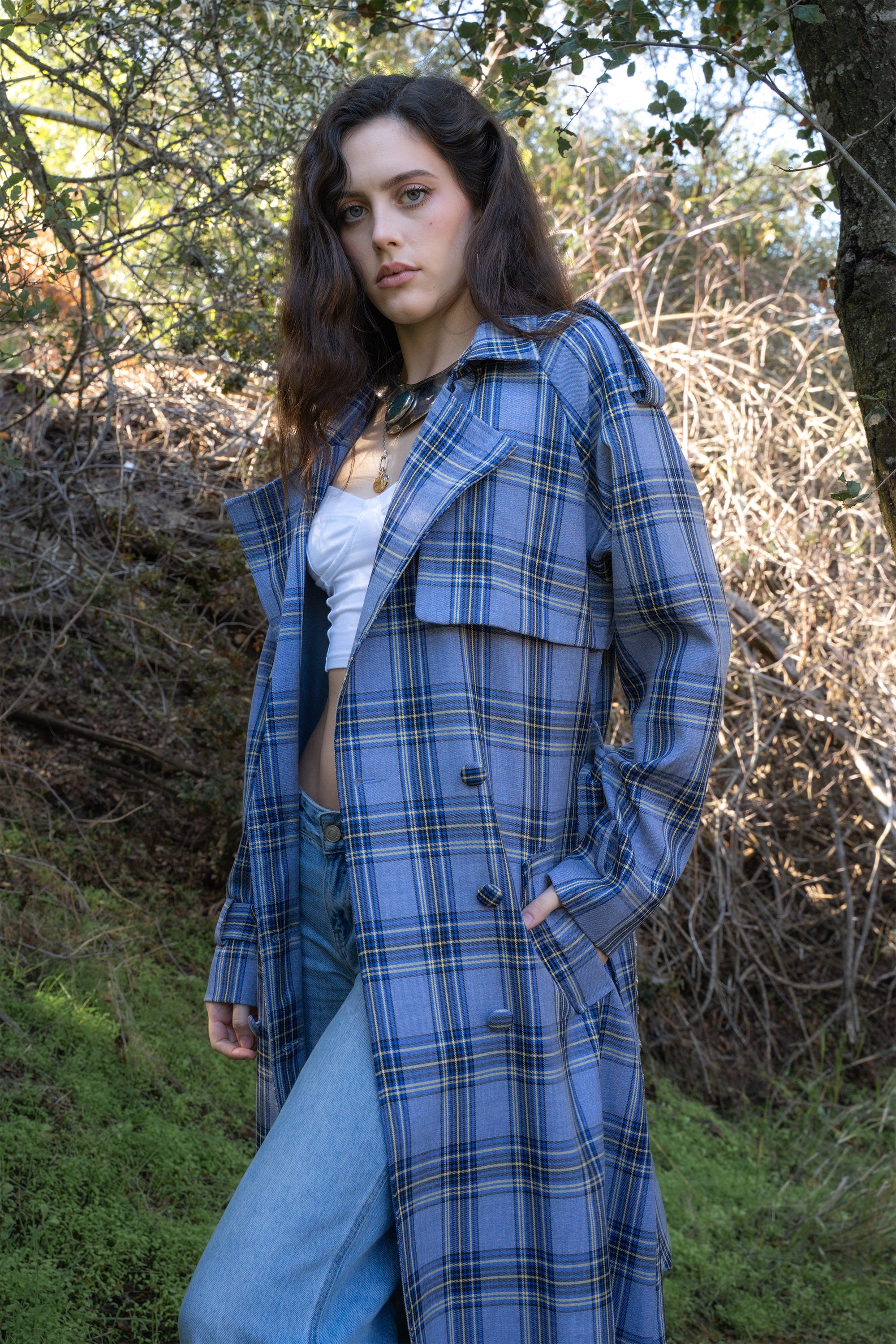 HOBBS-BLUE PLAID TRENCH JACKET - Image 8