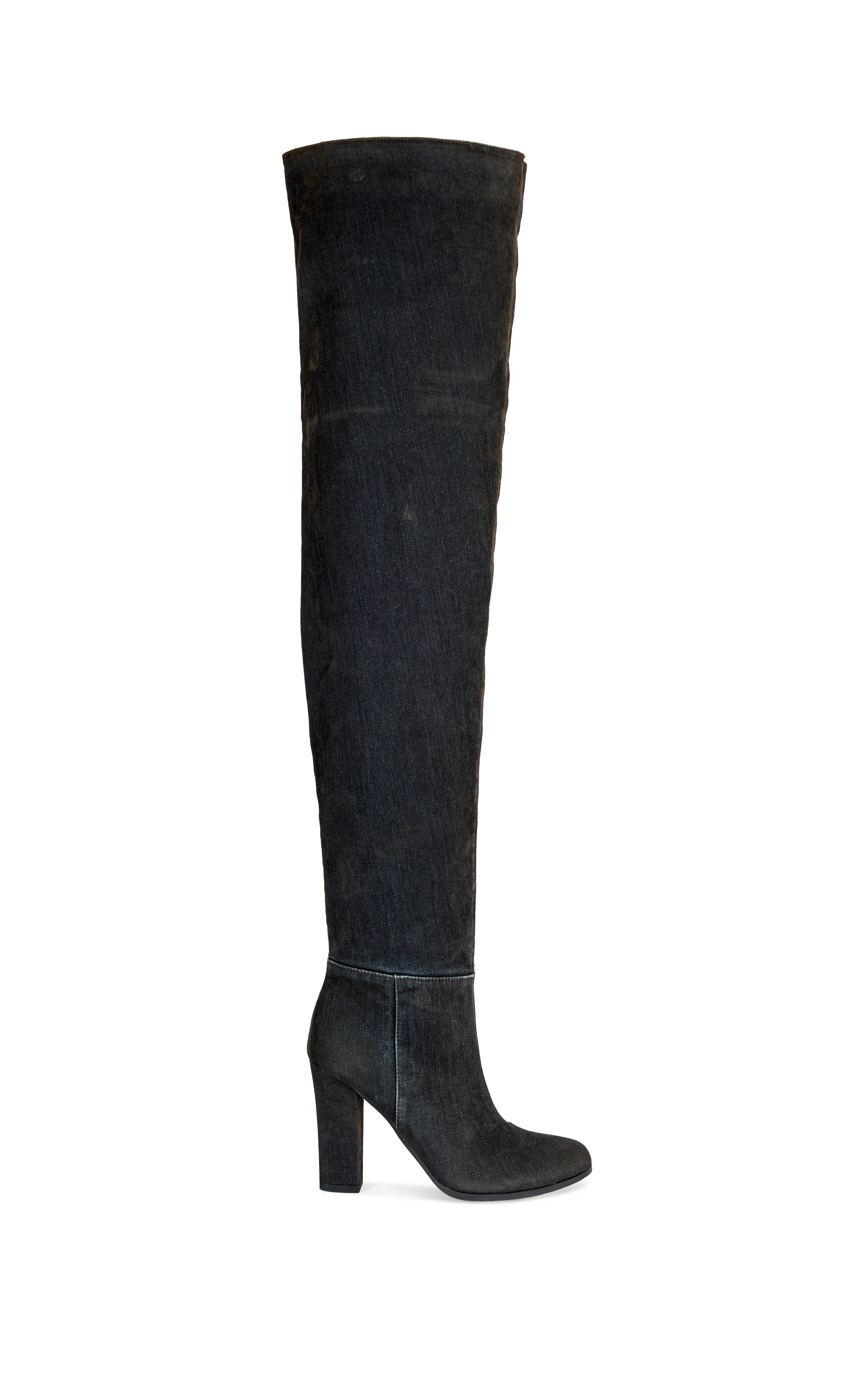 NANETTE-BLACK VELVET DENIM CHUNKY HEELED BOOT
