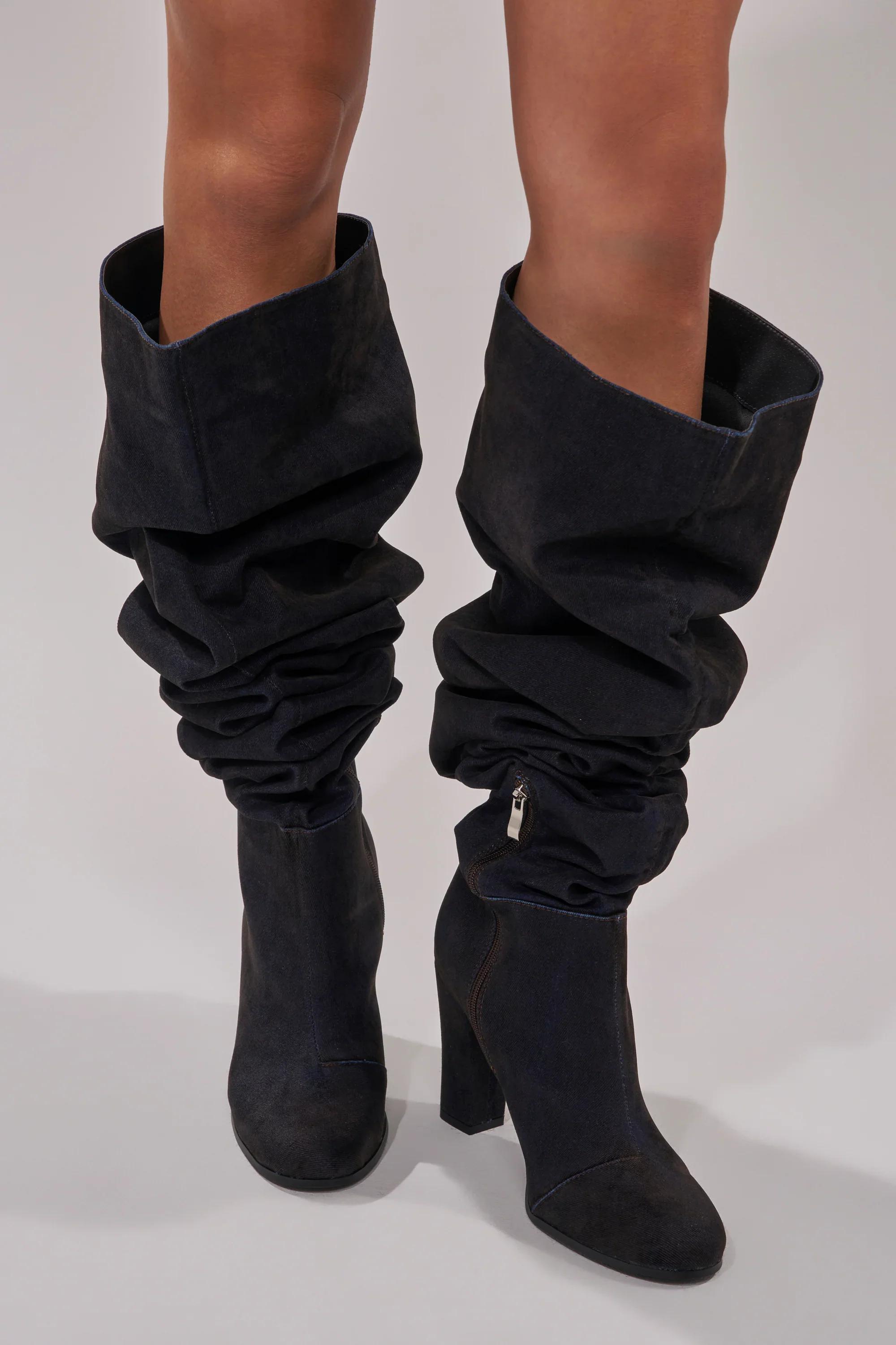 NANETTE-BLACK VELVET DENIM CHUNKY HEELED BOOT - Image 2
