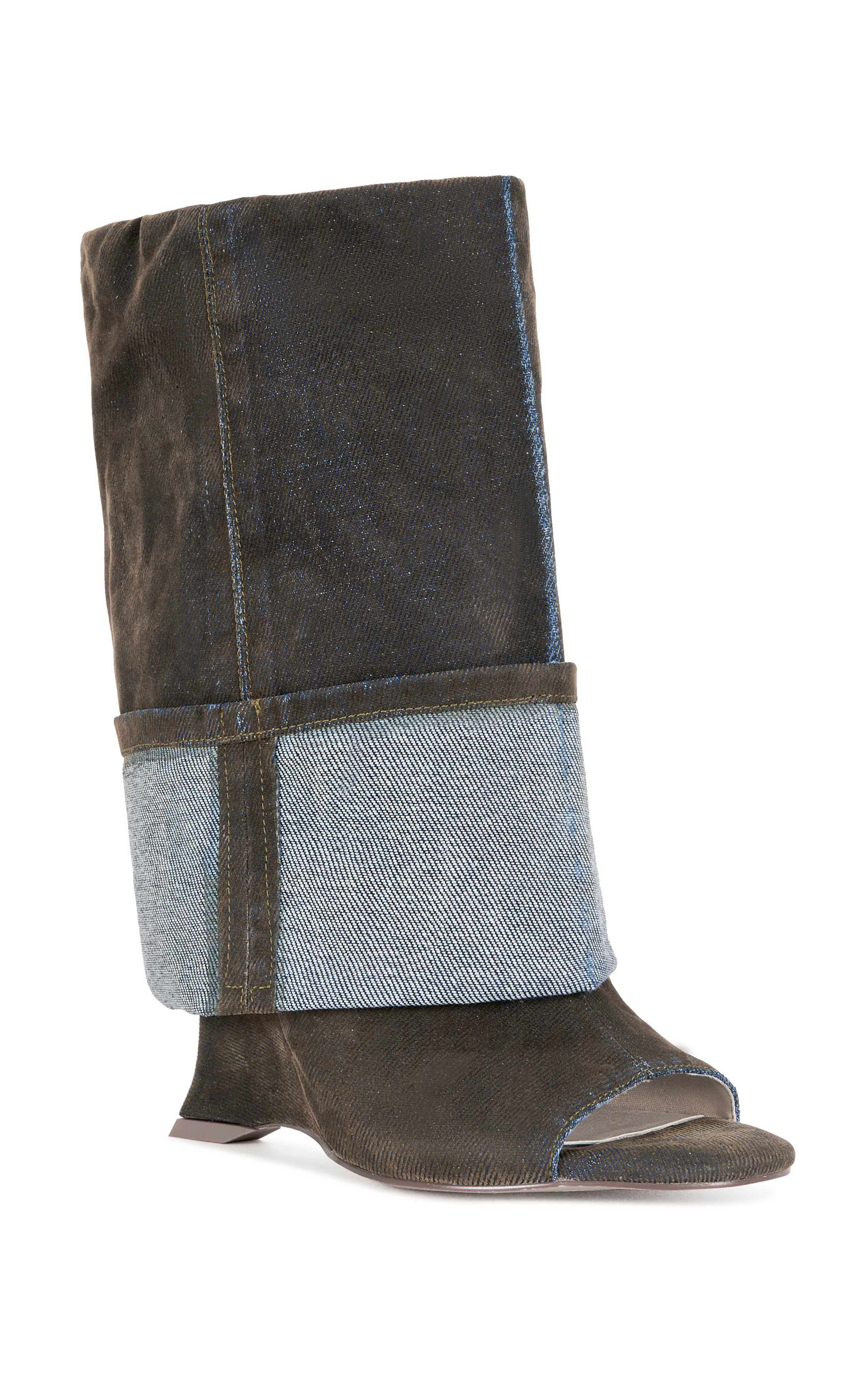 TIN-BROWN VELVET DENIM PEEP TOE WEDGE BOOTIE - Image 2